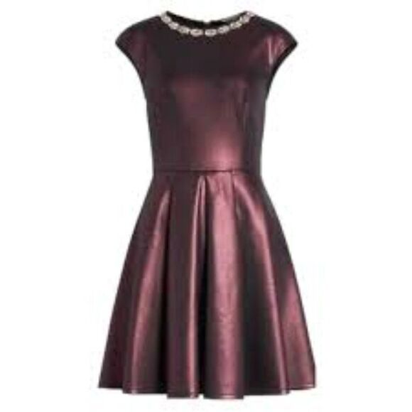 TED BAKER 3 US 8 Ayma Embellished Oxblood Metallic Fit & Flare Skater Dress NWOT - Picture 1 of 11